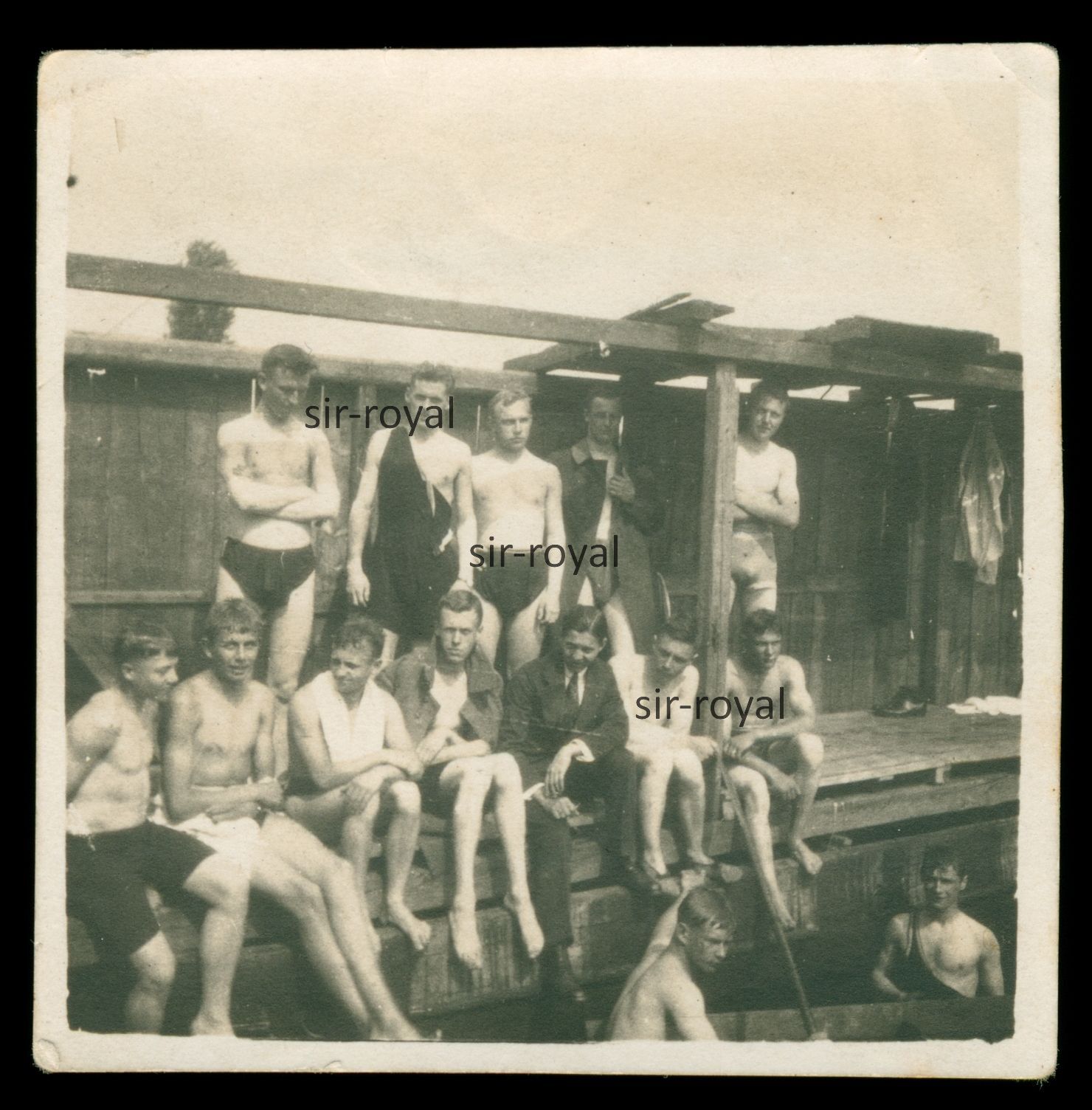 Young Men in Swim Trunks in Bathing Establishment – 1920s 1930s – Outdoor Pool – Photo 6x6cm