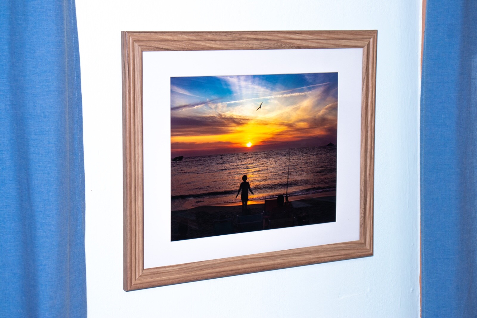 beach photographs in frames, colored photograph, ocean,sunset, framed and matted
