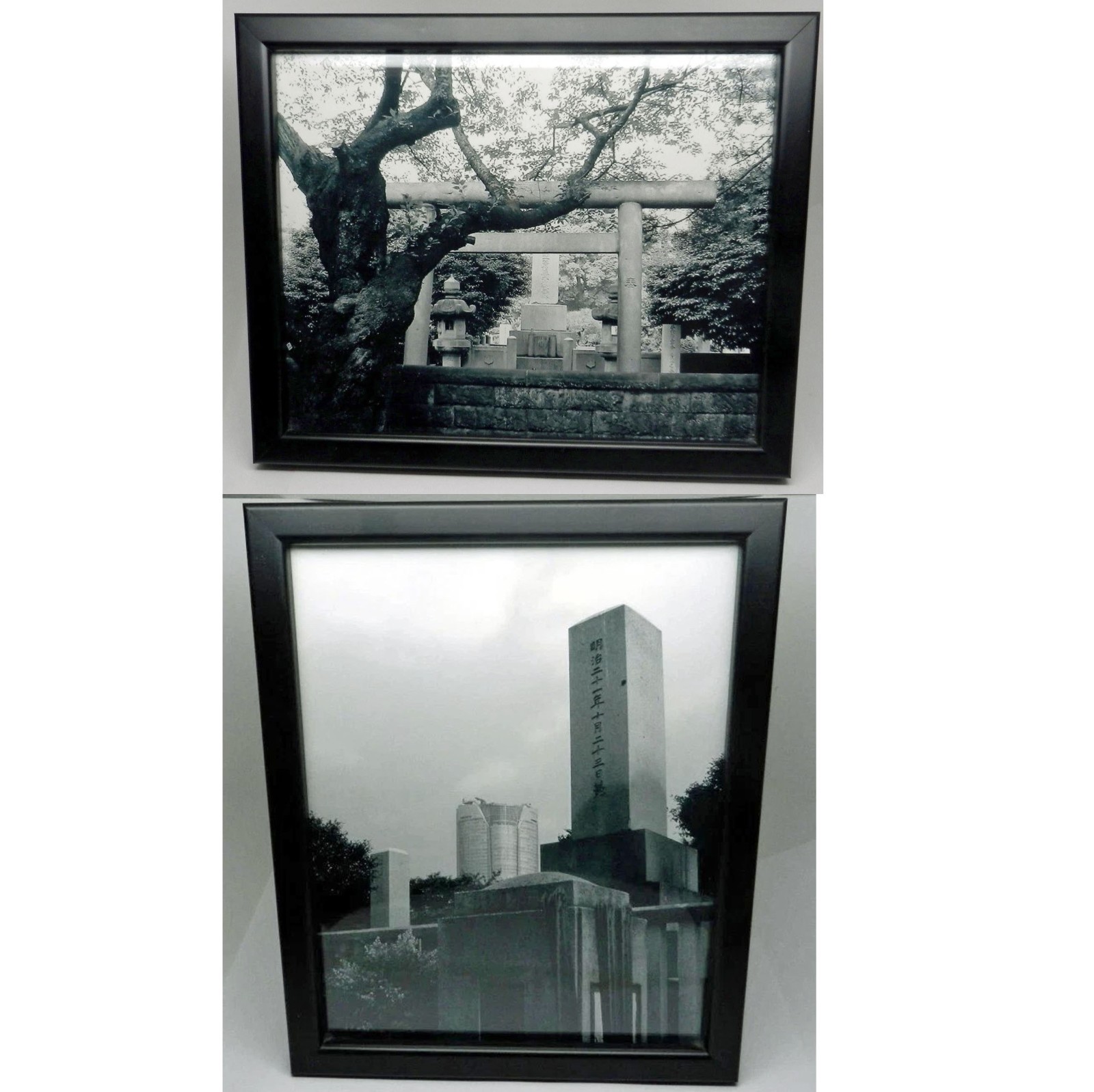 2 Framed Original Photograph Tokyo Japan Asian Cemetery Graveyard Black White