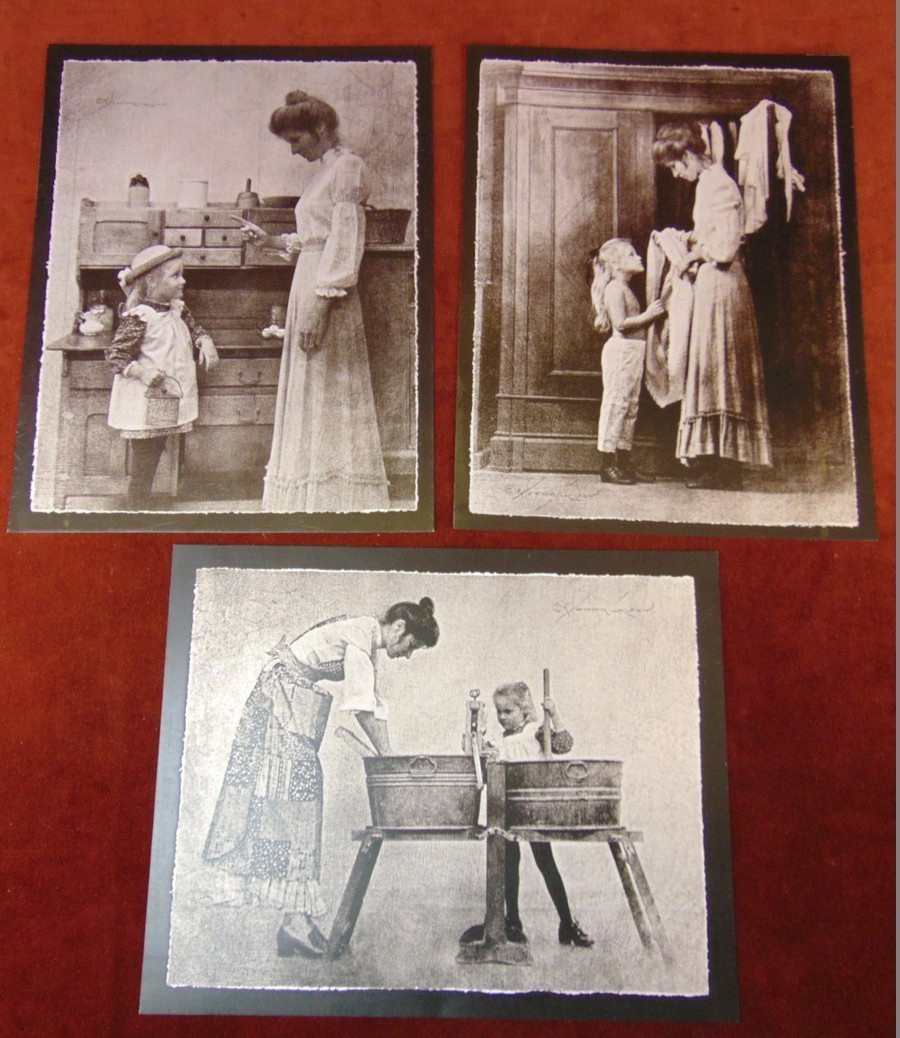 3 HENDRICKSON Metal Art Prints 1970s COUNTRY KITCHEN Wash Day GETTING DRESSED !!
