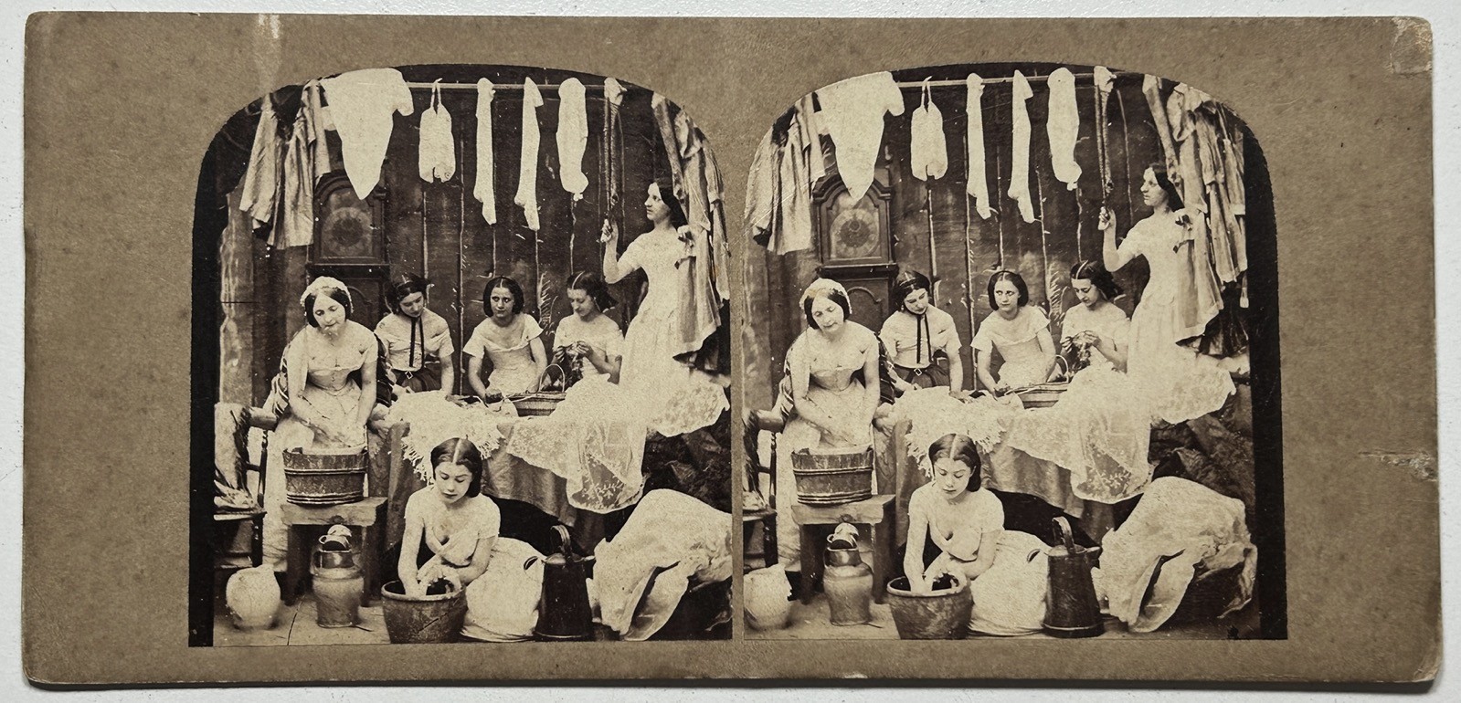 Genre Scene Of Laundresses C1860 Artistic Stereo Photo Vintage Albumine §D