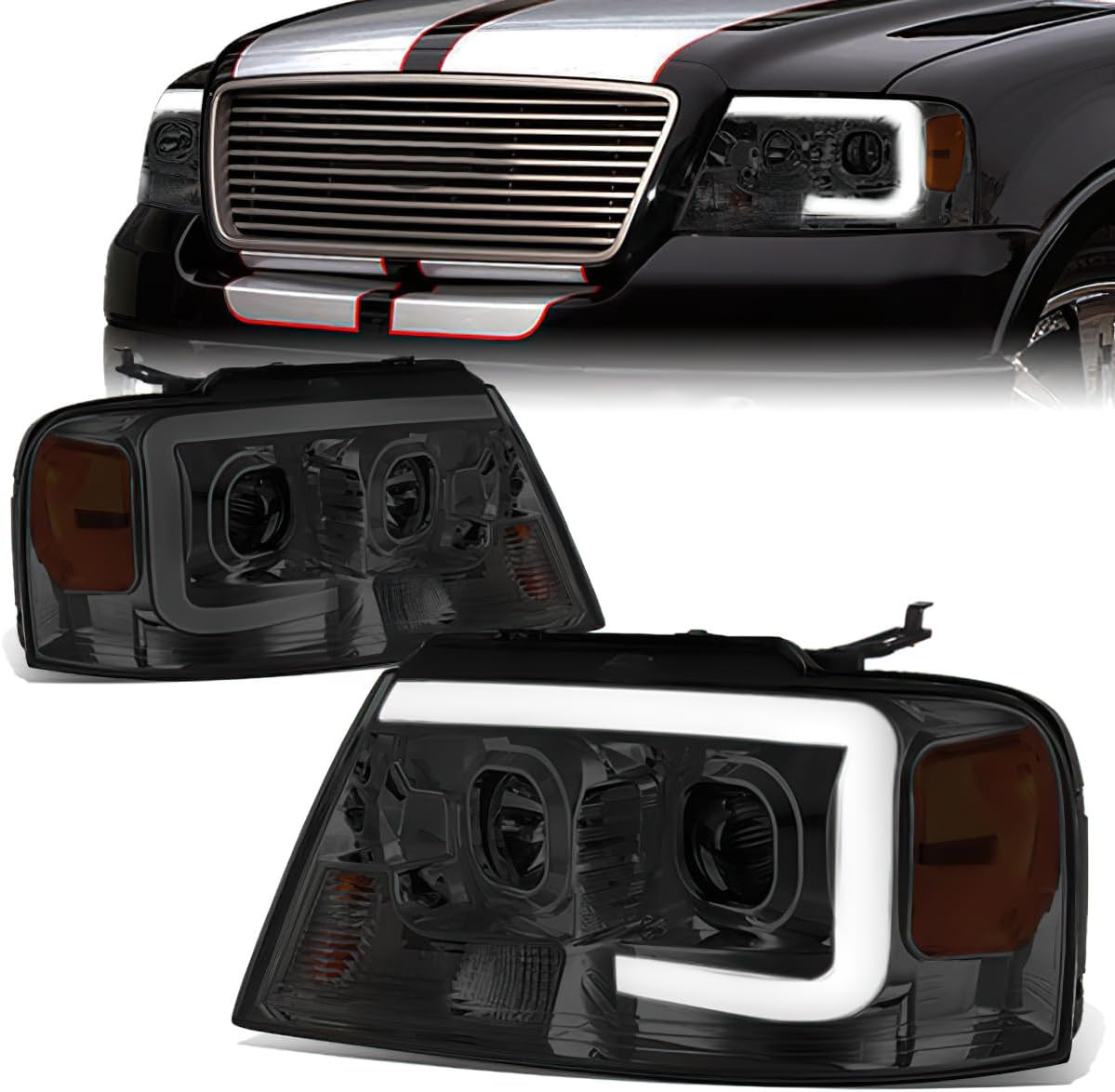 LED DRL Projector Headlight Assembly Compatible with 2004-2008 Ford F-150, Compa