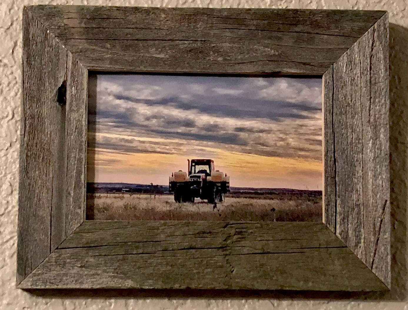 Tractor Photograph Authentic Barn Wood Frame 4×6 Farmer Texas Nature Sunset Art