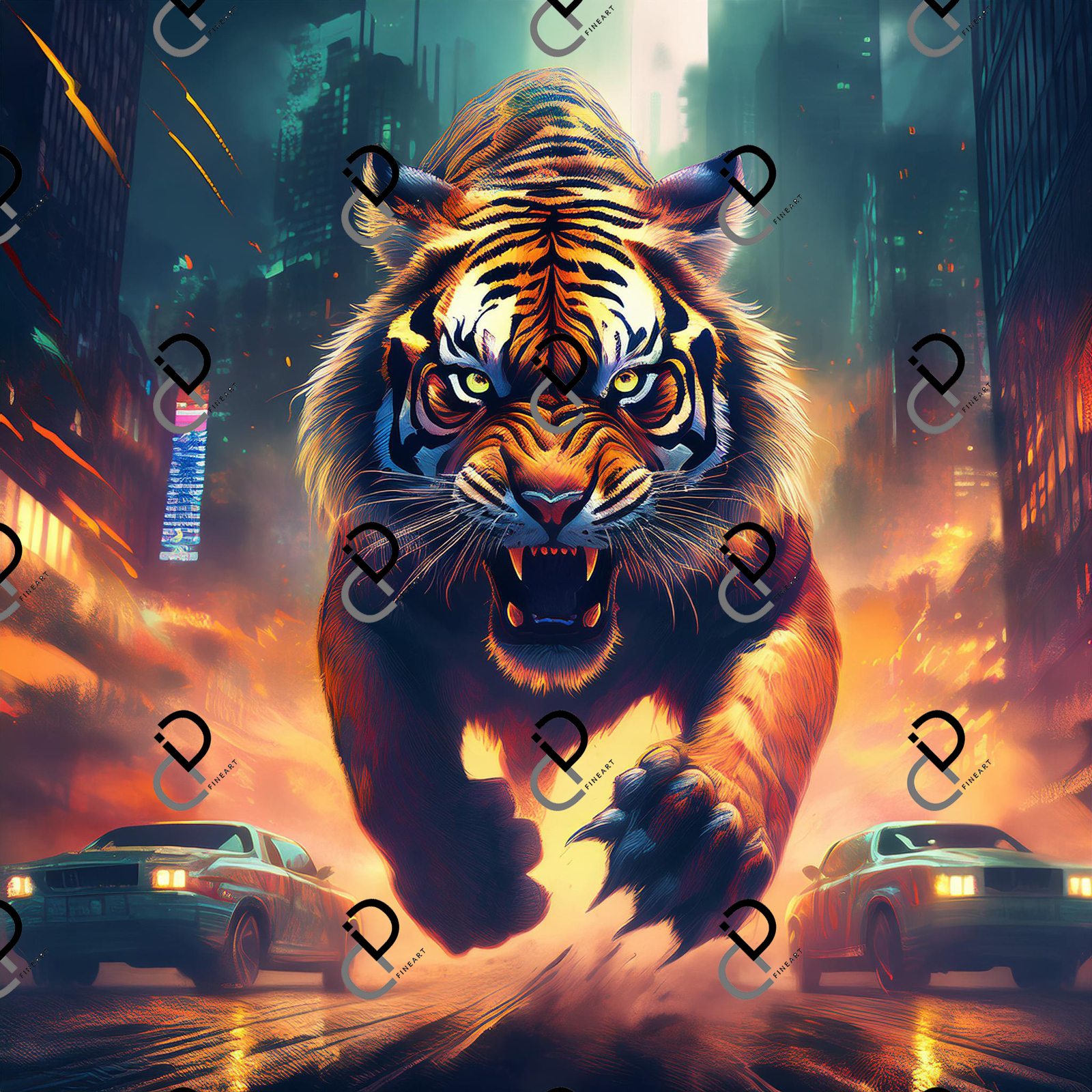 Big Cat Tiger Leaping in City Digital Image – Urban Cars AI Art Photo