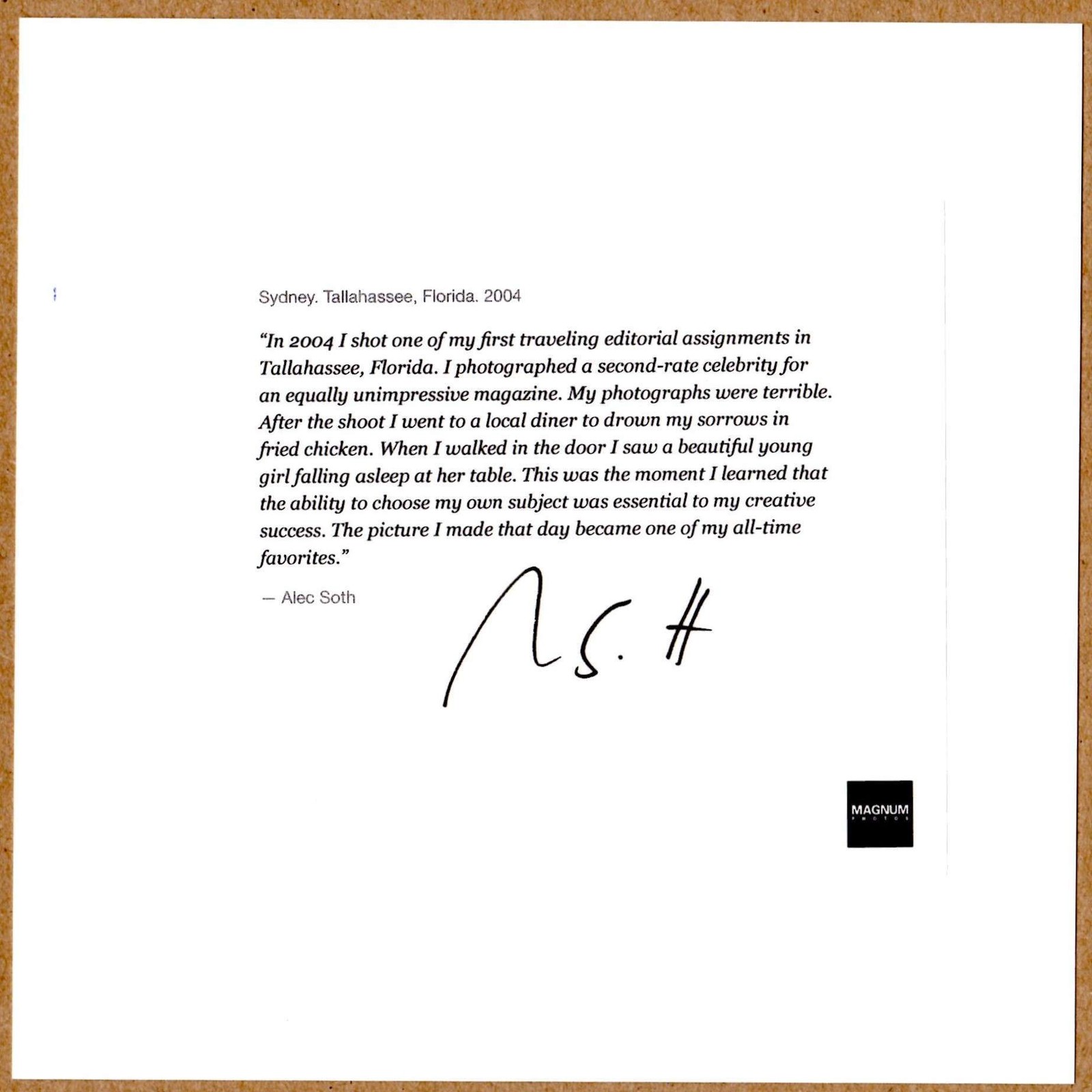 SIGNED ALEC SOTH SYDNEY TALLAHASSEE FLORIDA 2004 6×6 MAGNUM PRINT