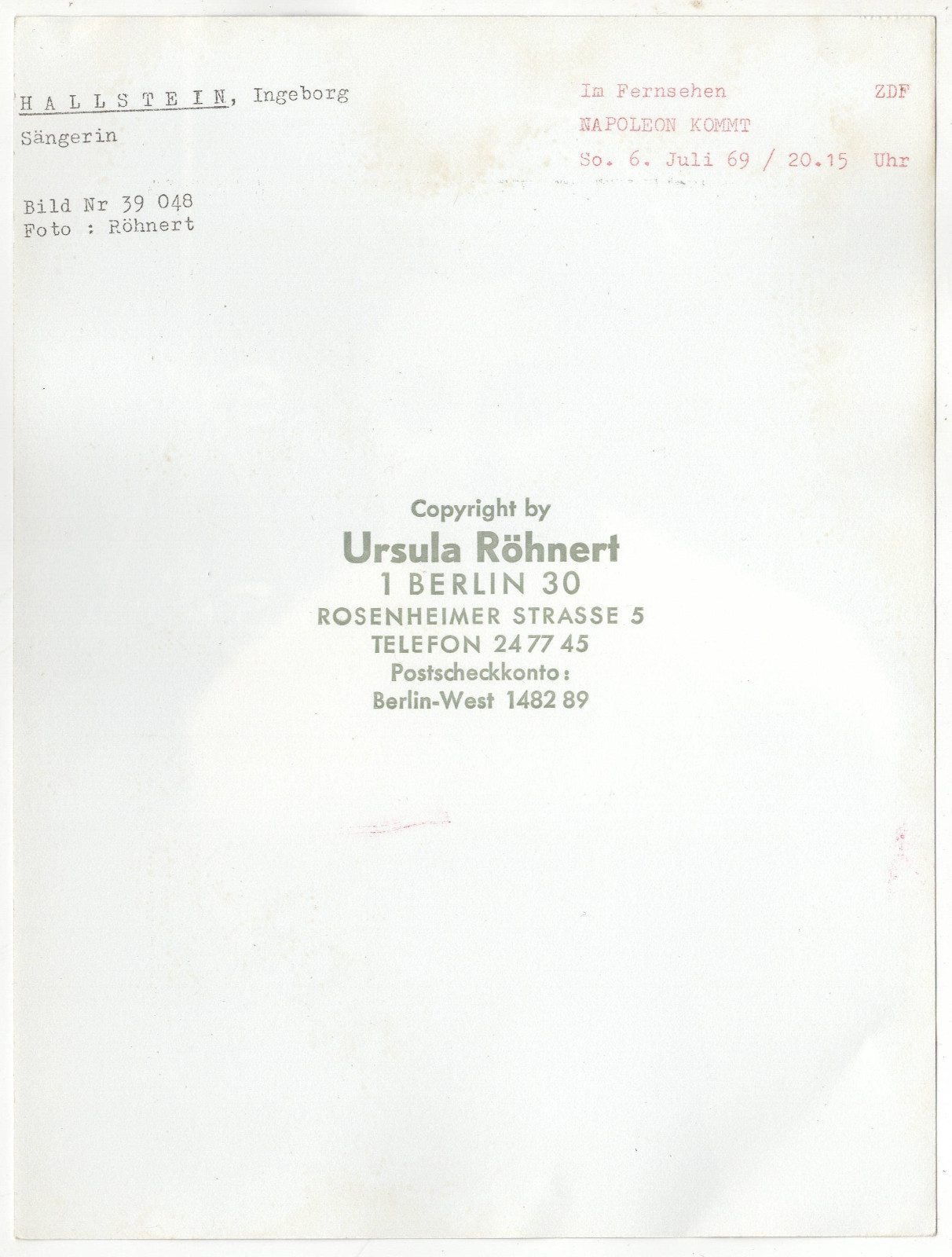 Ingeborg Hallstein opera singer photo photo 1983 Ursula Röhnert 23x17cm