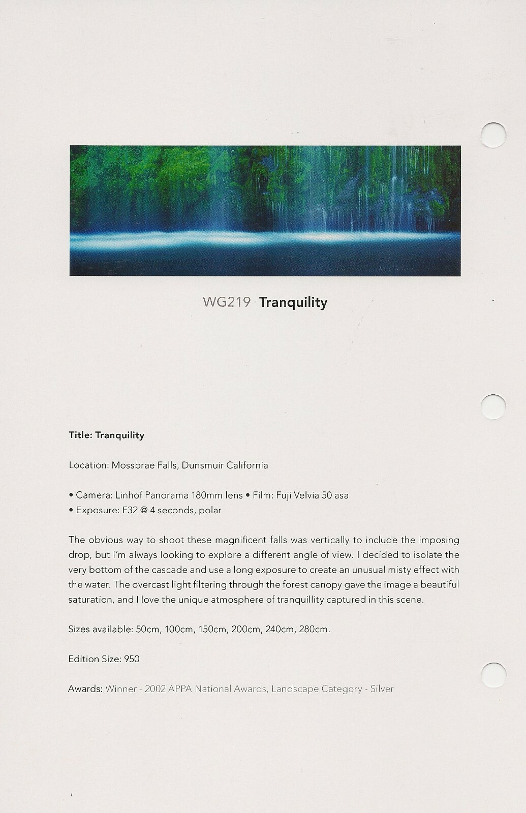 Peter Lik – Tranquility  #509/950 –  Silver Frame 1.5 Meter w/COA Mossbrae Falls