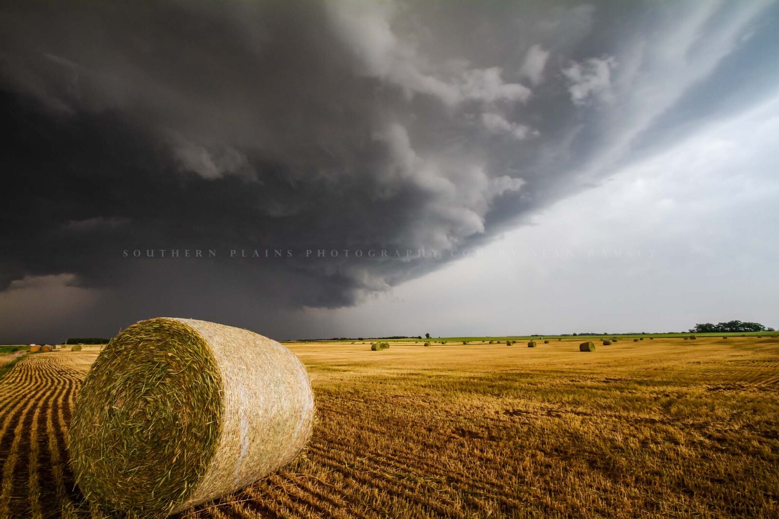 Country Photography Print – Storm Over Round Hay Bale on Stormy Day in Kansas