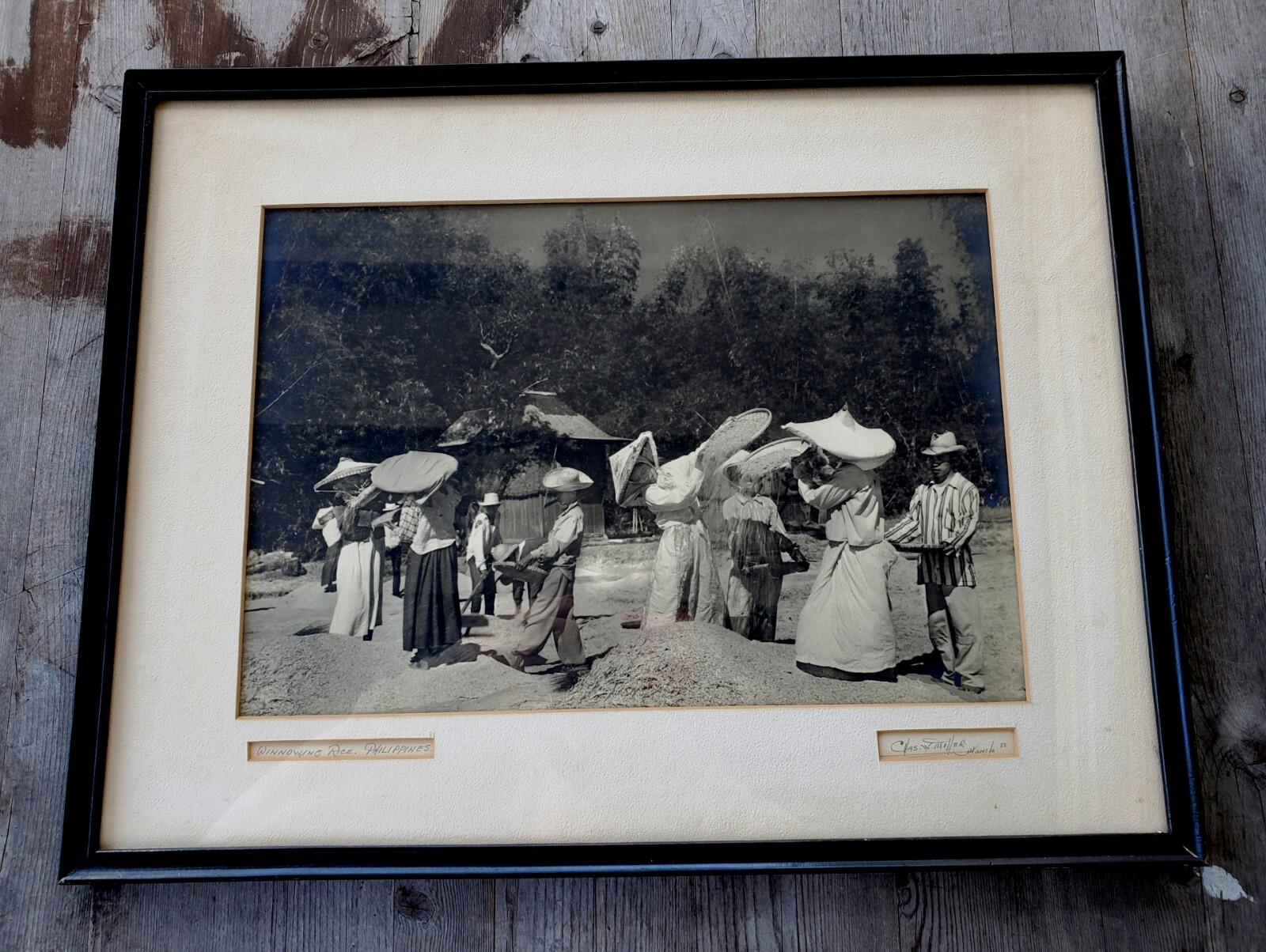 Exceptional 1958 MCM Midcentury Framed Photo Winnowing Rice Philippines SIGNED