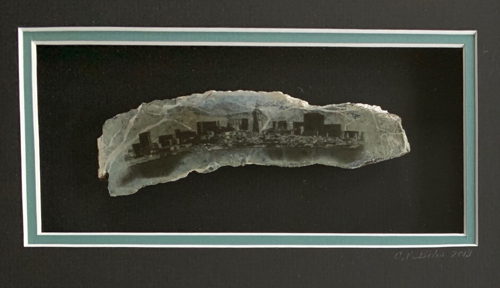 Cynthia Biles – San Francisco Skyline on sliced rock, matted and framed 2013
