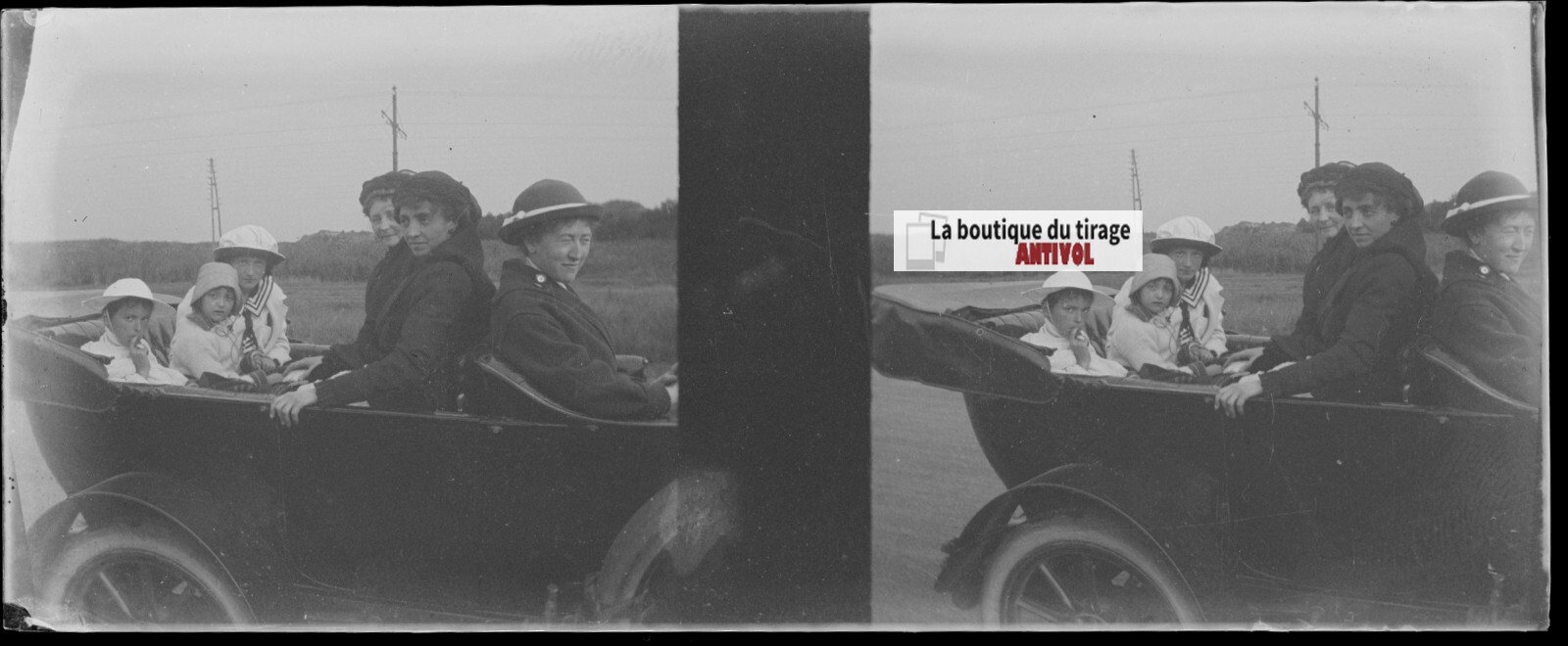 Family Car, Stereoscopic Glass Plate, Black & White Negative 4.5X10.7 Cm