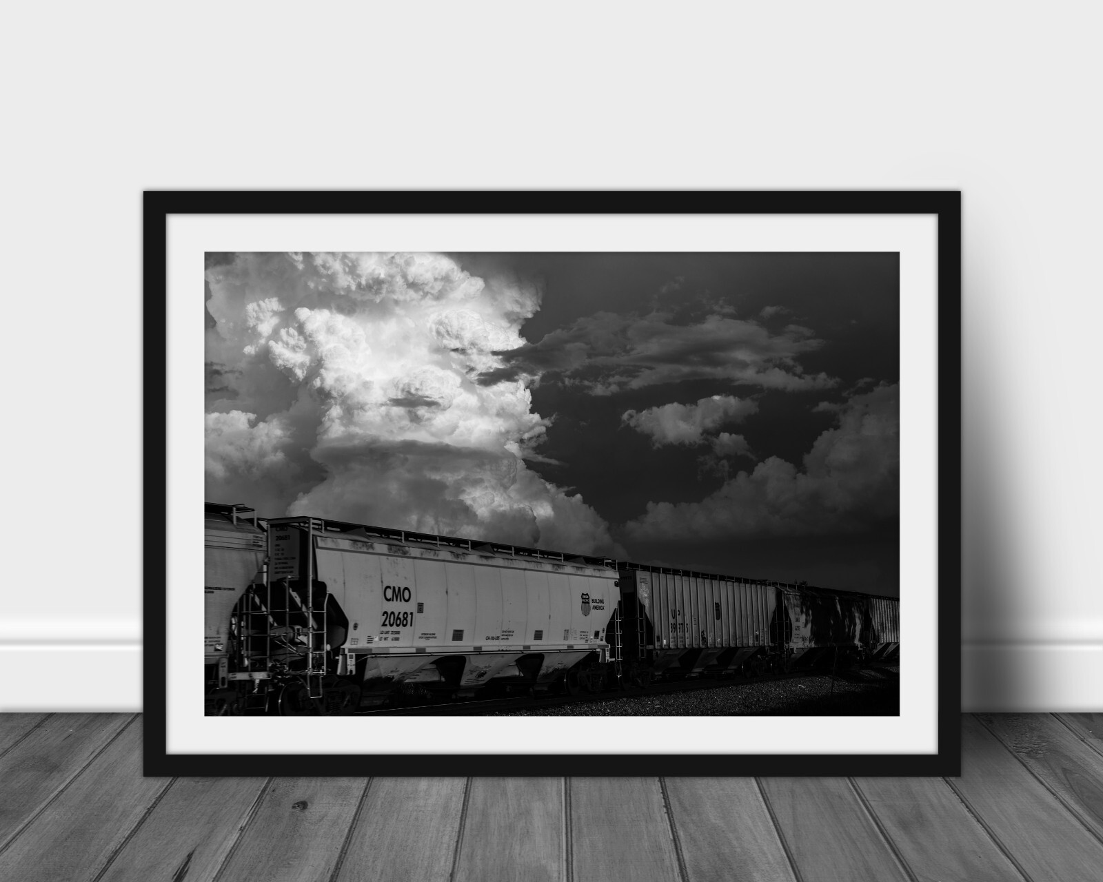 Black and white train photography wall art hanging storm cloud picture decor