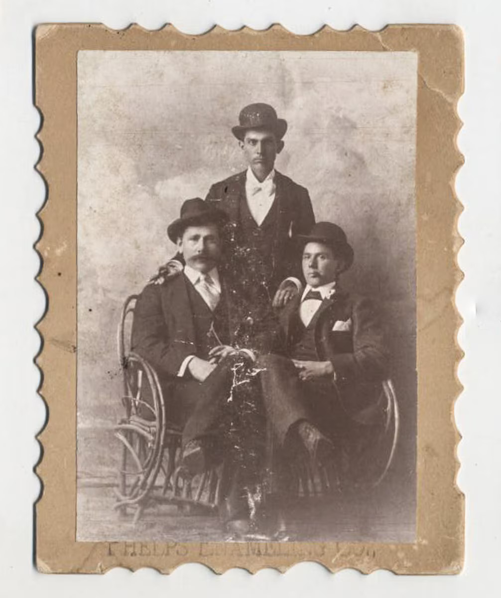 Cabinet Card with Scalloped Edges, 3 Men Posing in Bowler Hats & Suits