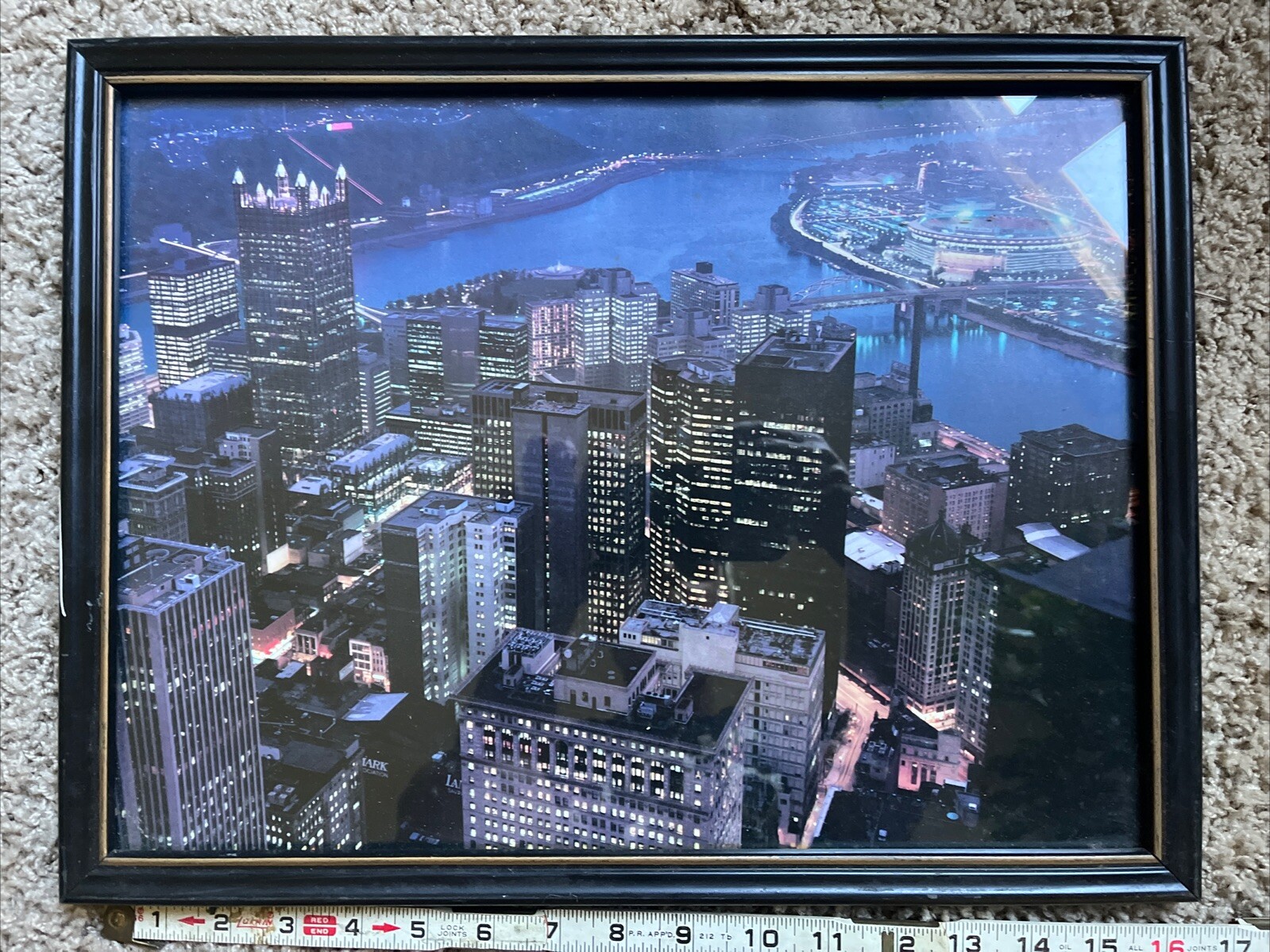 Pittsburgh PA Skyline @ Night w. 3 Rivers Stadium Color Photo 16” X 12”