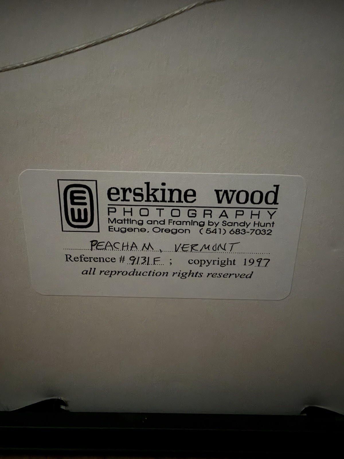 Erskine Wood Photograph Gallery Frame/Mat Peacham, Vermont Signed