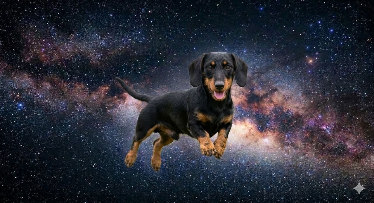 Space dog ital Wall Art Print – Cute Tuxedo Cat Floating in Galaxy Milky Way,