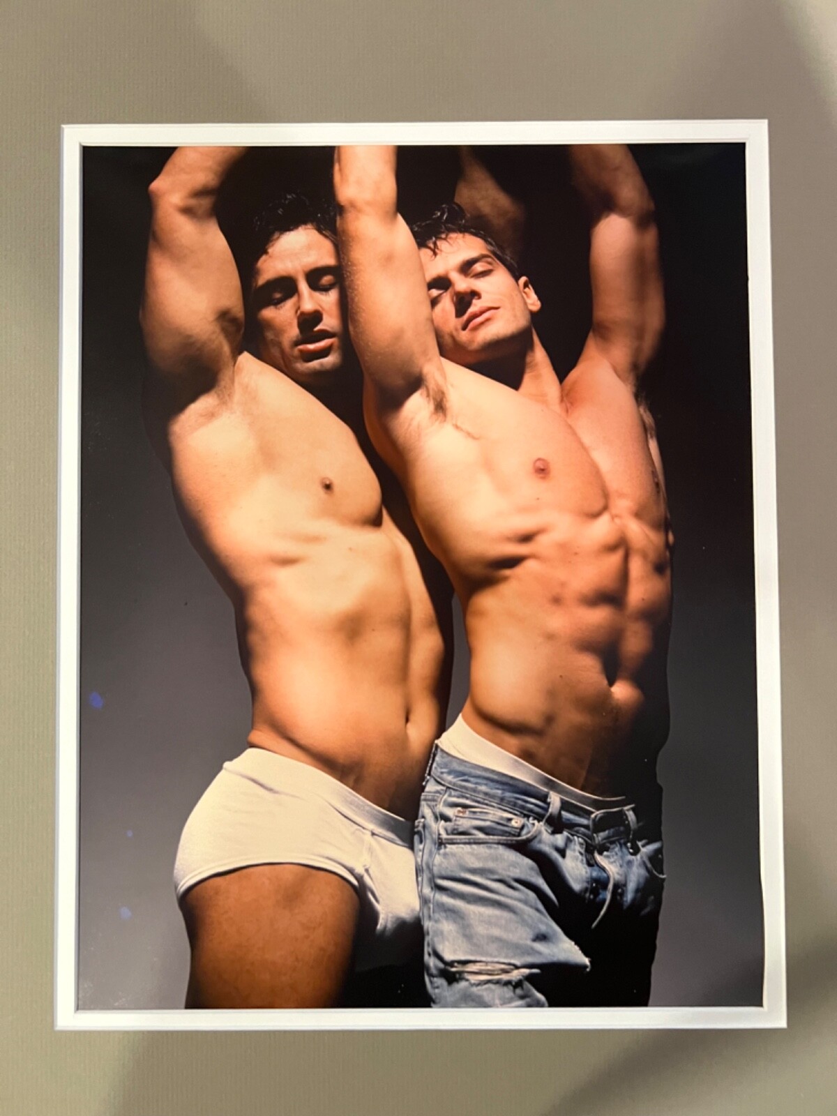 2 SEMI NUDE MUSCULAR GAY MEN COLOR PHOTOGRAPH FRAMED