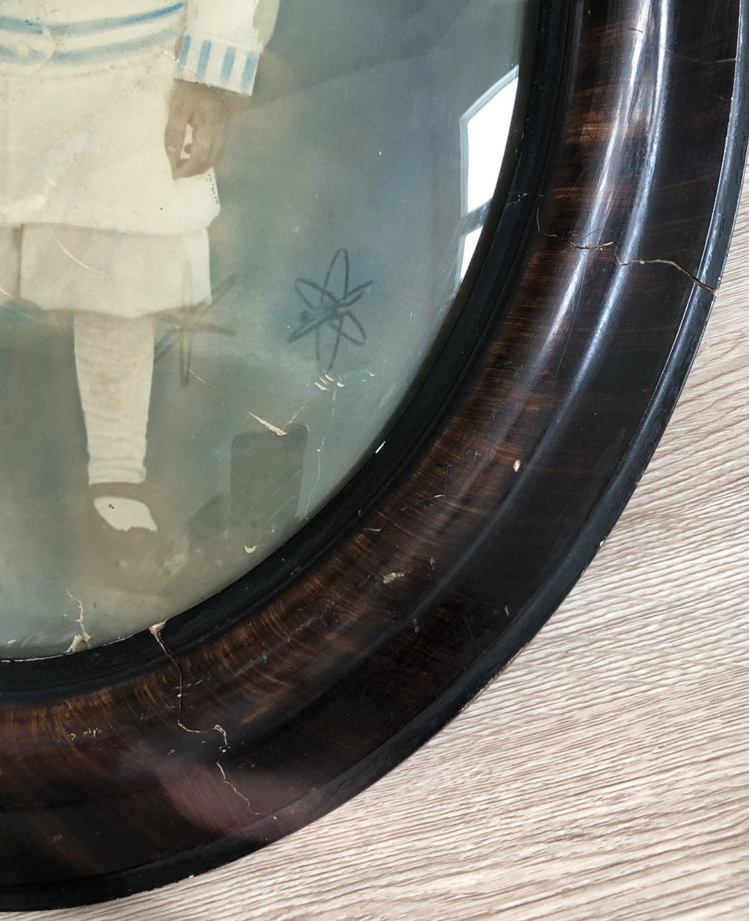 Large Antique Oval Bubble Glass Sepia Photo Child Portrait BOY IN SAILOR SUIT