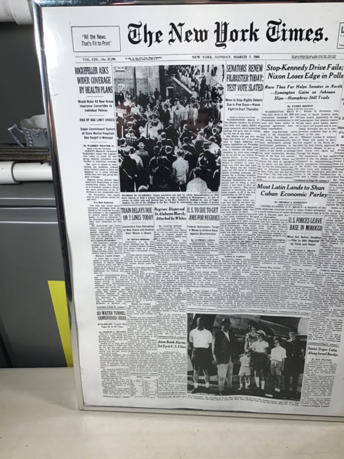 VTG REPRODUCTION OF THE NEW YORK TIMES FRONT PAGES March 7 1960 Framed 18”x 24”
