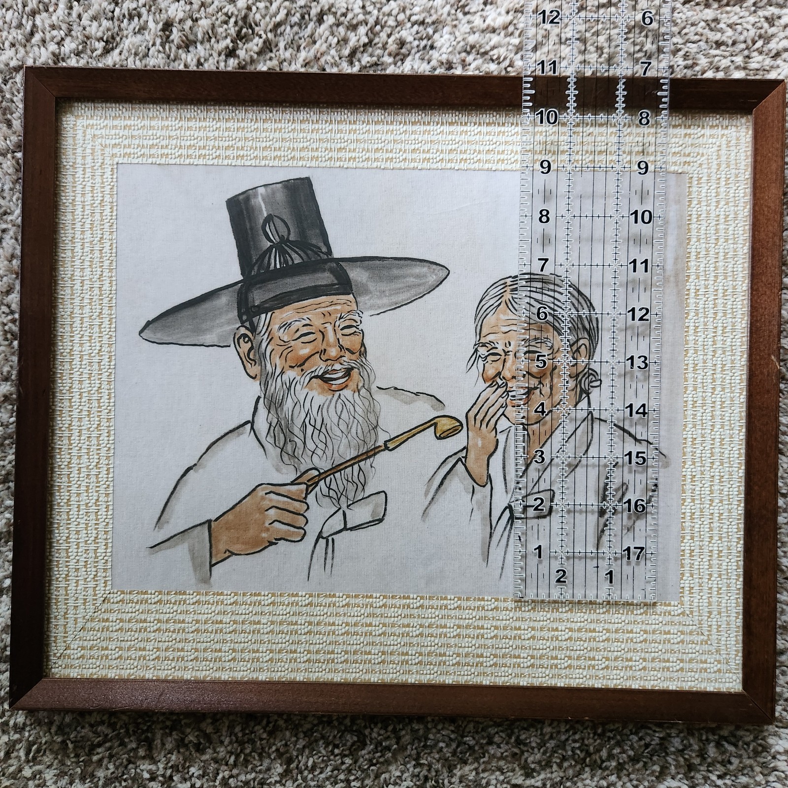 Framed Art Sketch Korean Couple Vintage 1985 South Korea Solid Wood Frame