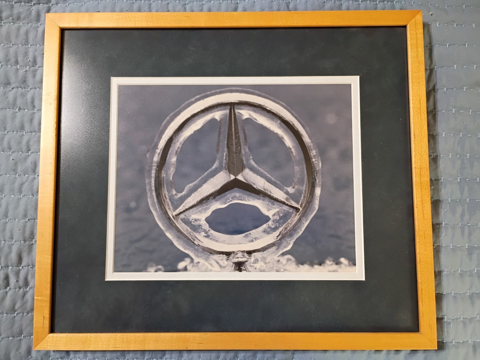 Mercedes Hood Ornament in Ice Photo 13.5″ x 15.5″ Wood Frame Double Mat