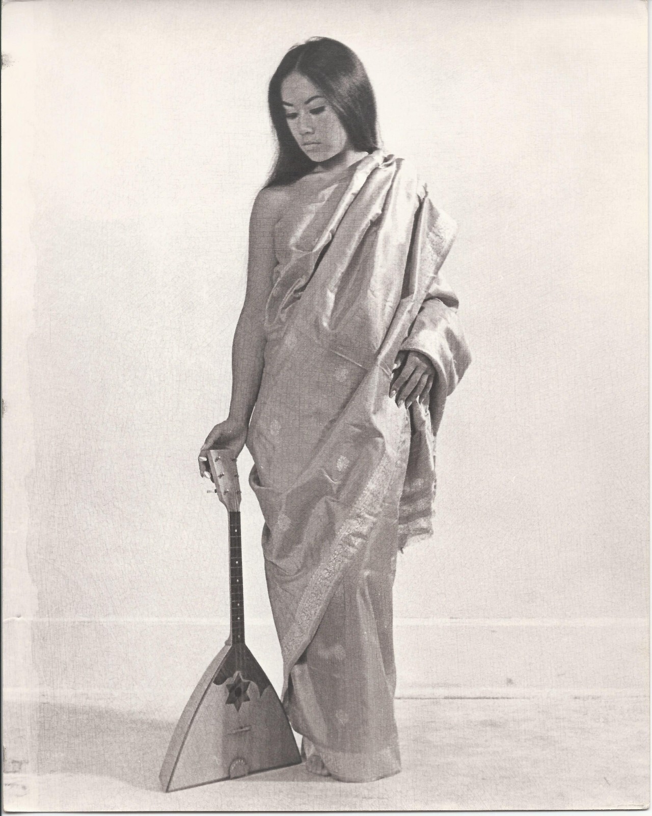 Hendrickson 8×10 Photograph Costumed Asian Woman Eyes Downcast Standing W/Lute