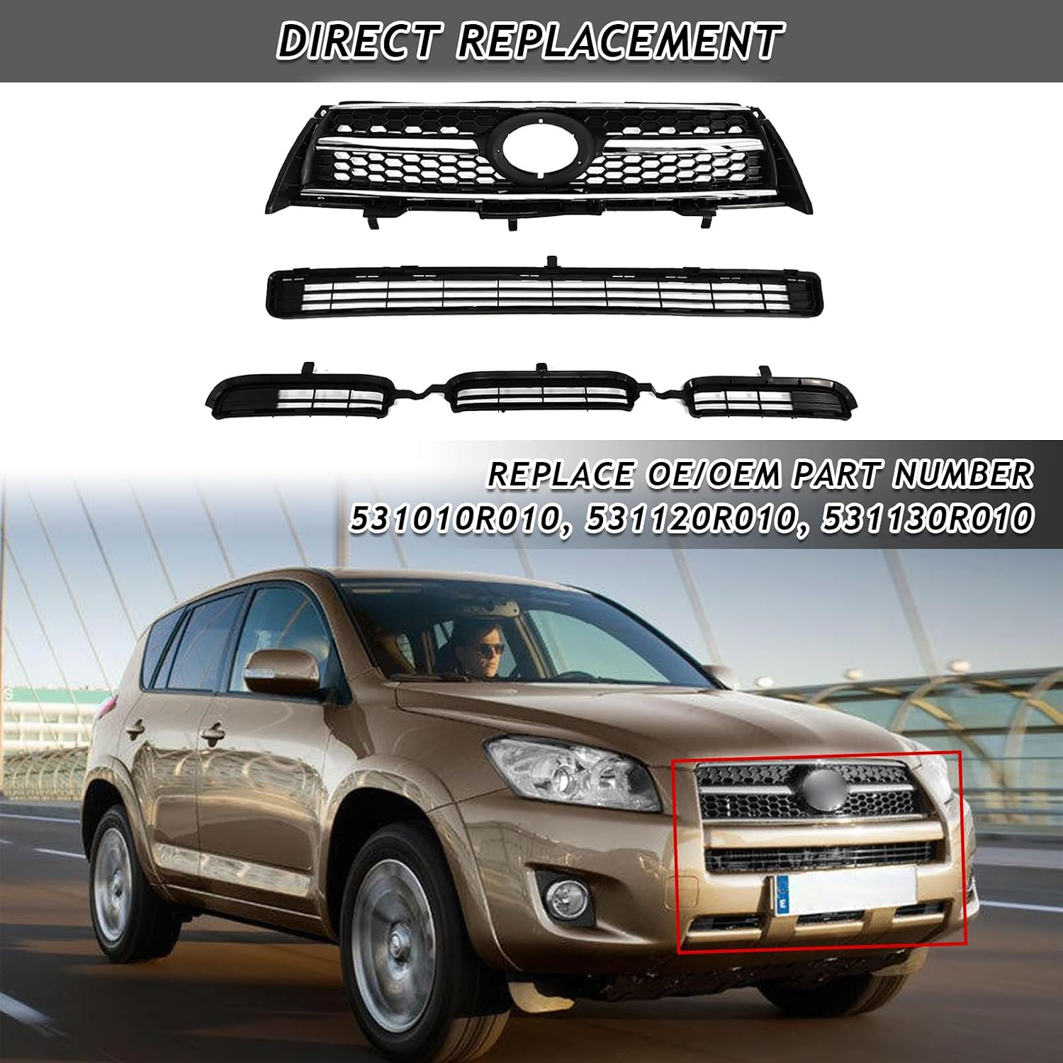 Front Upper & Lower Bumper Grille Grill Fit for 2009 2010 2011 2012 Toyota RAV4