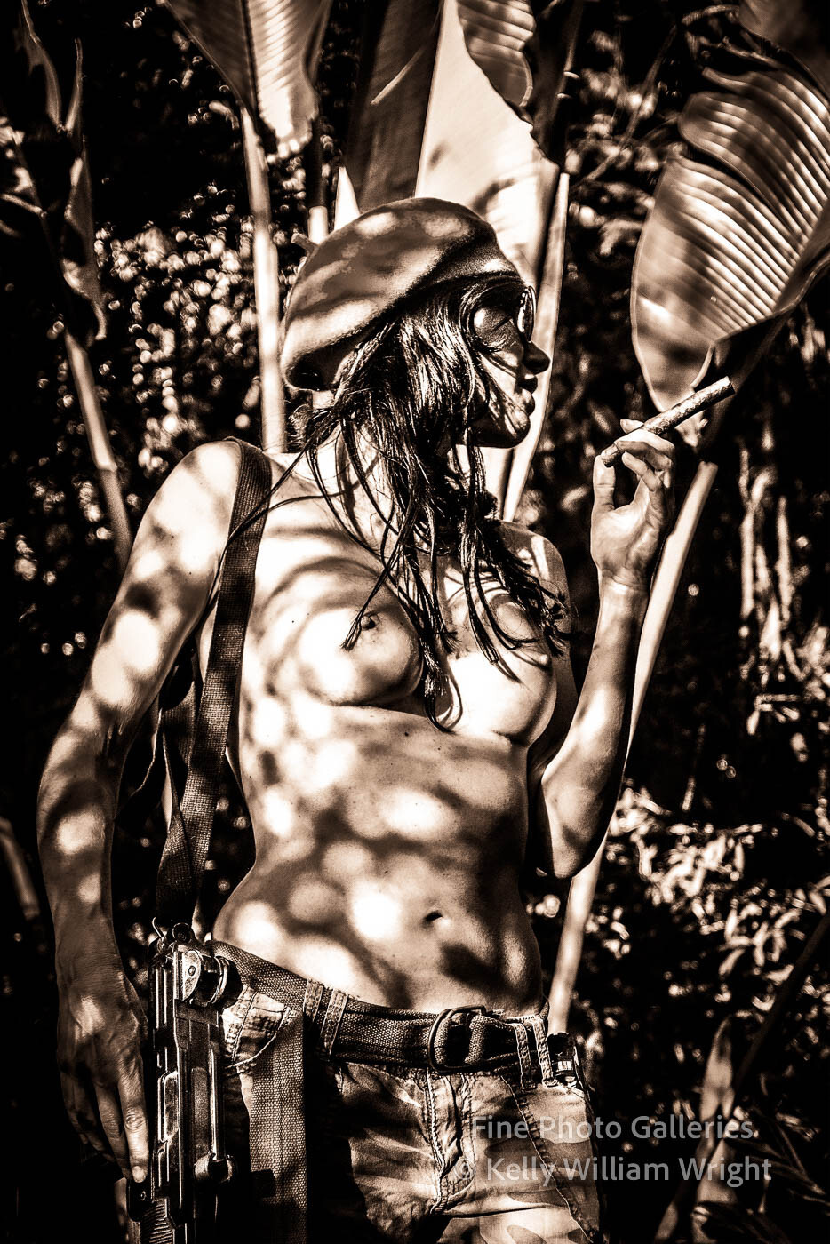 Female Nude KELLY WILLIAM WRIGHT – Military Rebel Girl Cigar UZI Gun 9×13 Photo