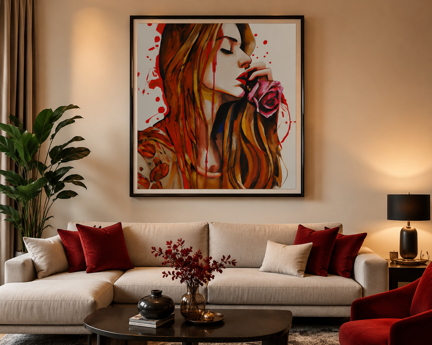 Woman Flower Paint – Digital Image Picture Artwork – Photo Print – Red white
