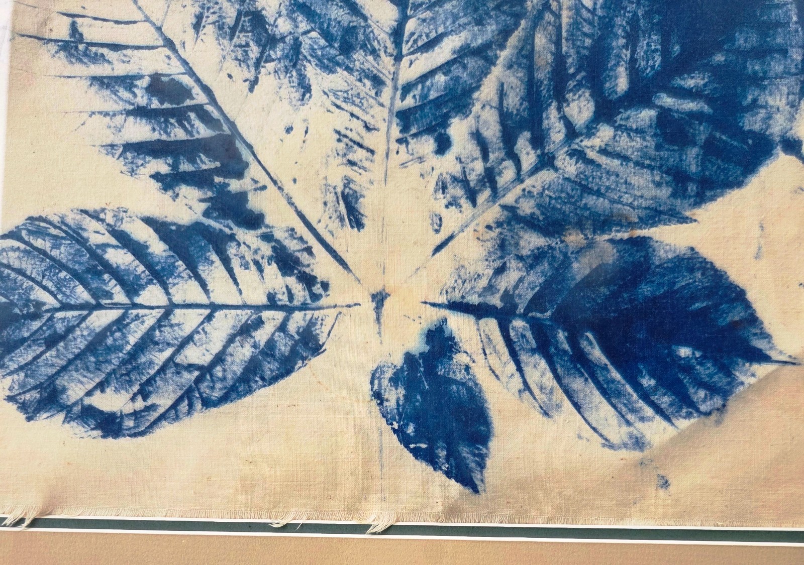 Framed Large-Format Cyanotype Sun Picture on Cloth – Poplar Leaf