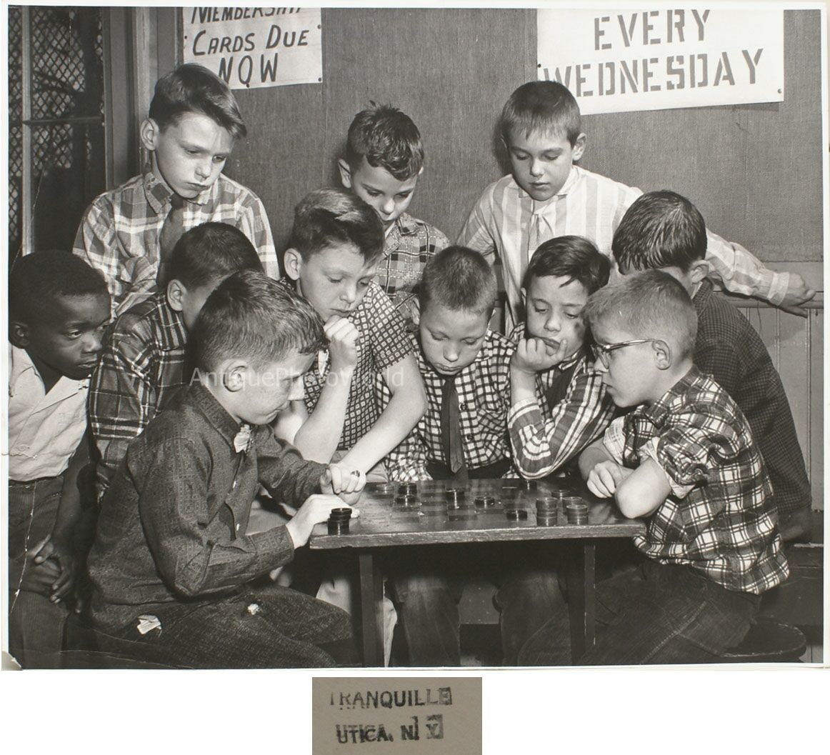 Boys playing checkers vintage art photo by Tranquille