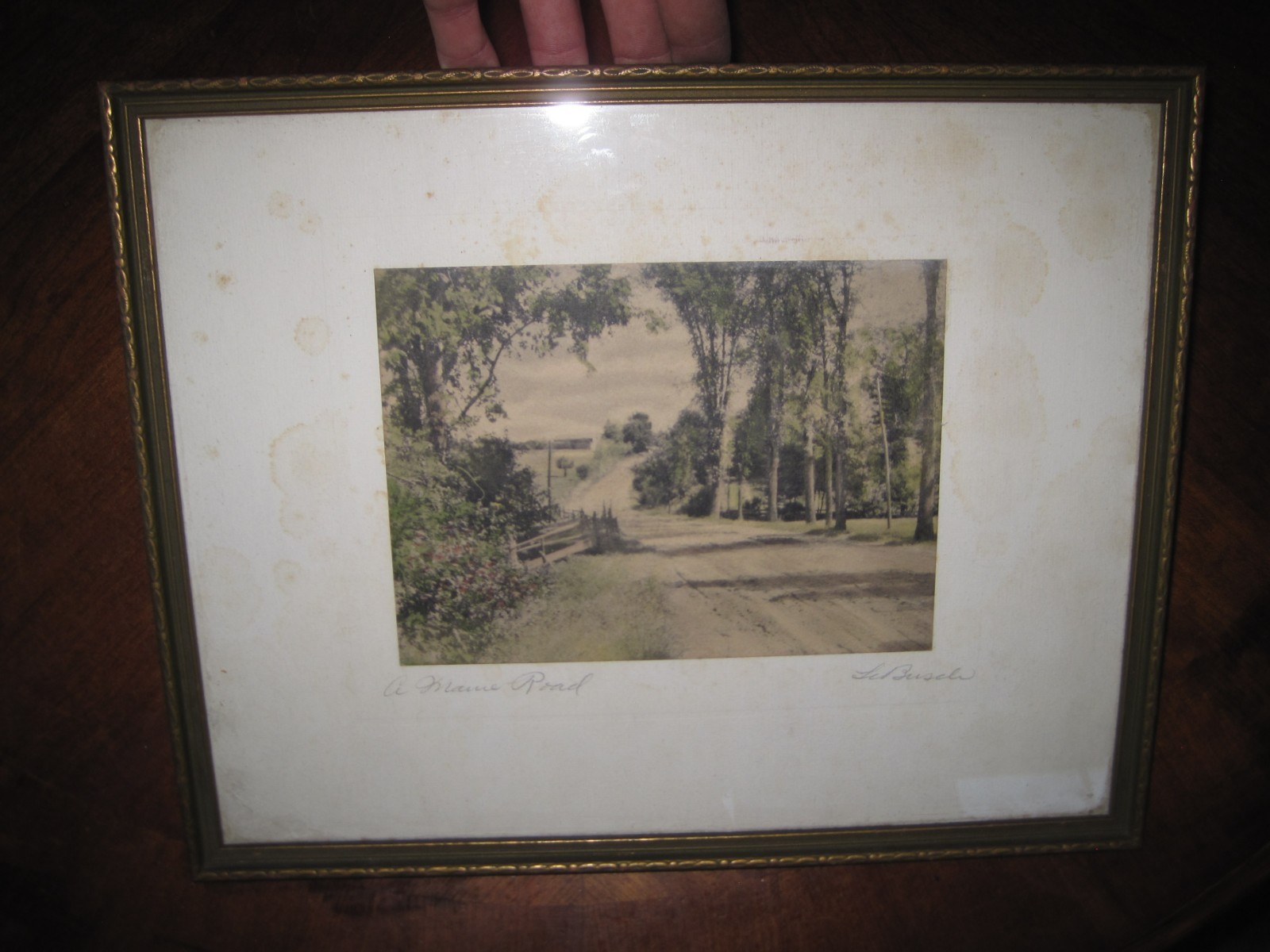 Vintage Antique Framed Art Hand Colored Photograph Maine Road by LeBusch #1