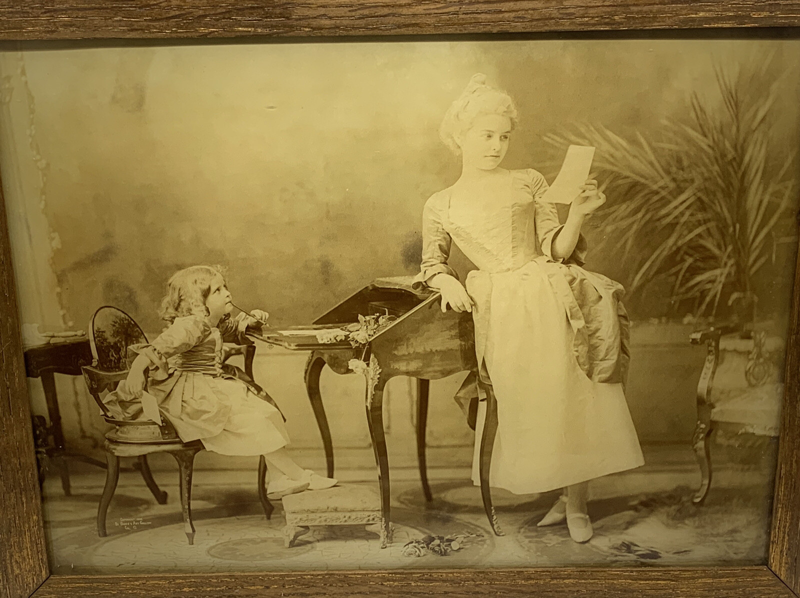Antique Portrait Photo Woman Child Writing Reading Baker’s Art Gallery Framed