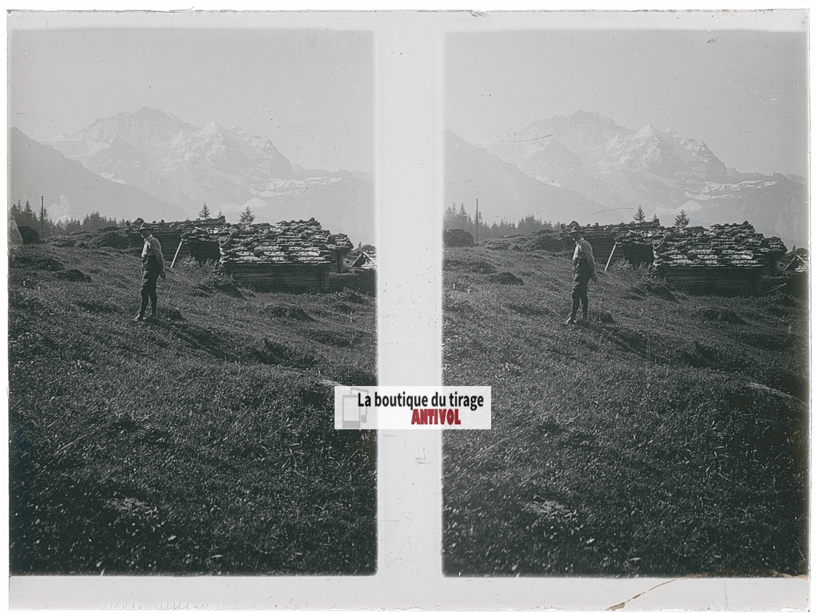 Peasants, Cottages, Alpes Switzerland, Stereo Photo Plate Glass, Black & White,