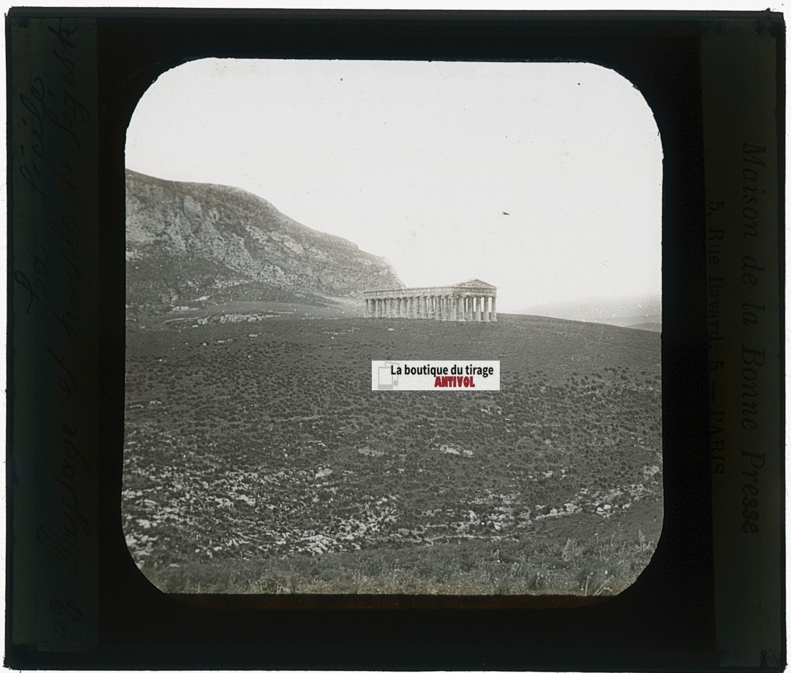 Temple Of Segesta, Sicily, Photo Glass Plaque, Black & White, Positive 8.5×10 Cm