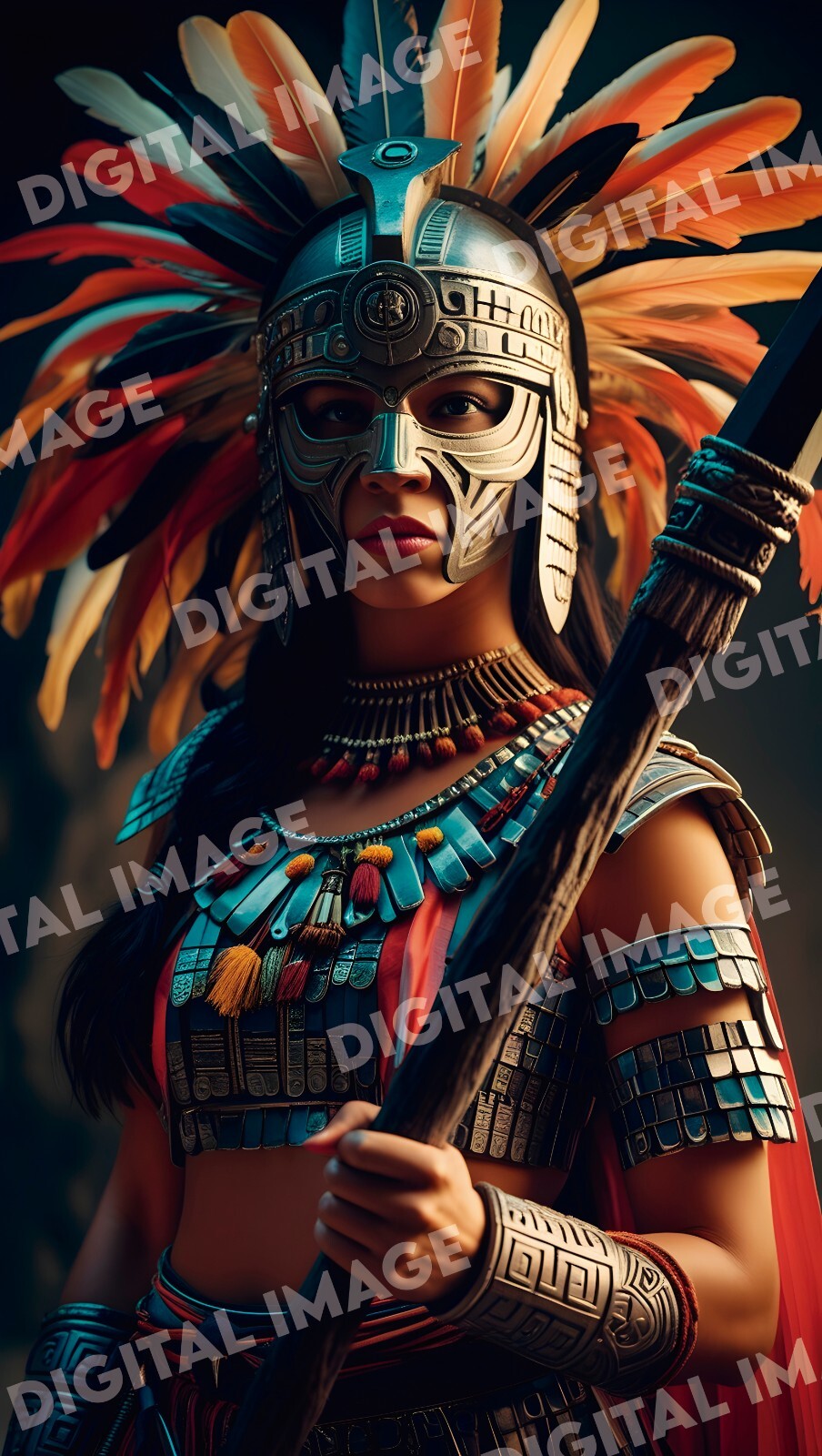 Aztec Warrior Woman Digital Art Cinematic Ultra-Realistic Battle Portrait Print