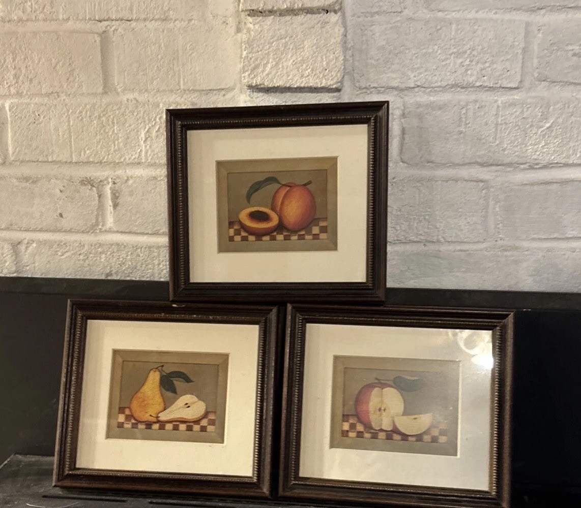 3 Still Life of fruit Kitchen Decor Kitch8x7” Frames apple Peach & Pear Cottage