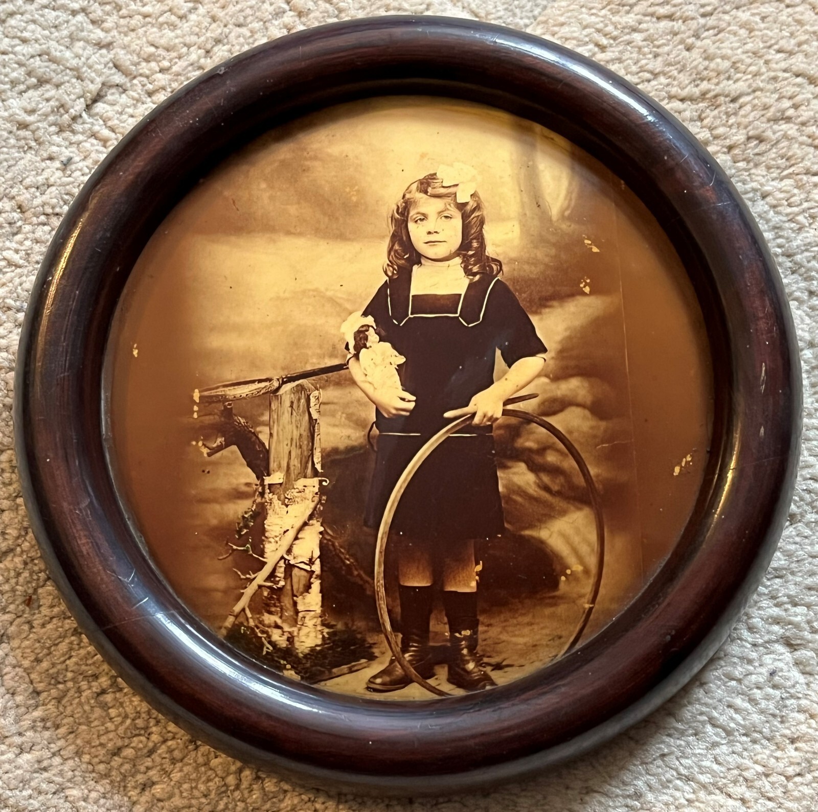 Circa 1900 Celluloid Photo Metal Locket Girl with Doll + Hoop Photo Columbia