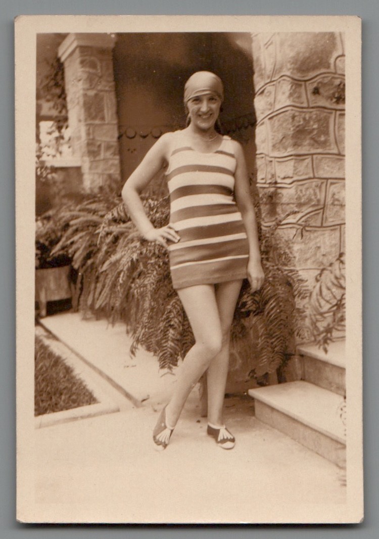 Photo Young Lady in Striped Swimsuit Bathing Cap Circa 1930 (F2017)