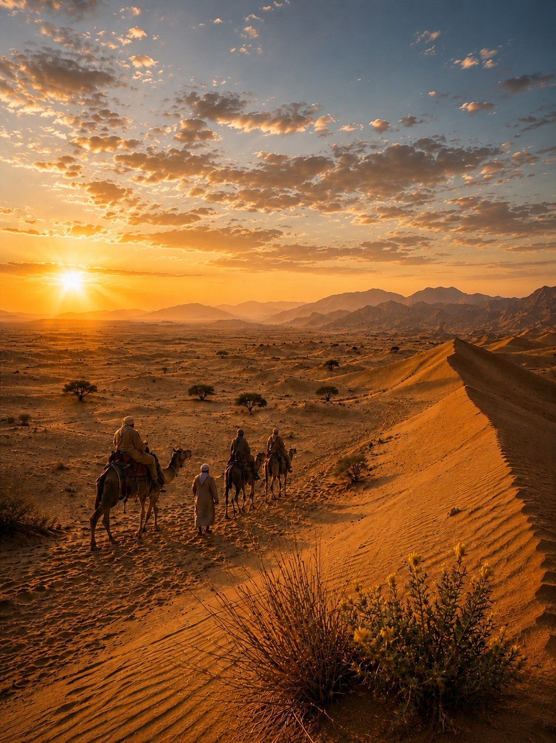 “Desert Caravan at Sunset– Camel Trekkers Crossing Golden Sand Dunes at Twilight
