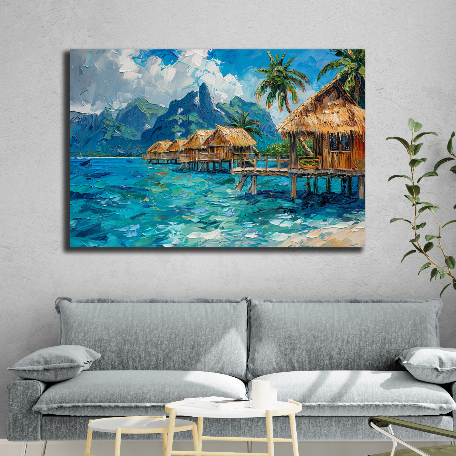 Beach Paradise Wall Art, Tropical Overwater Bungalows Painting, Coastal Seascape