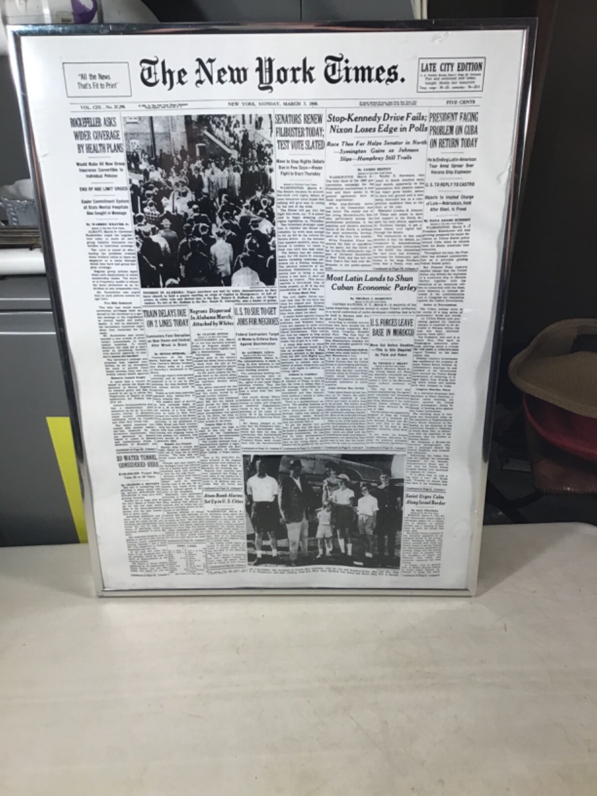 VTG REPRODUCTION OF THE NEW YORK TIMES FRONT PAGES March 7 1960 Framed 18”x 24”