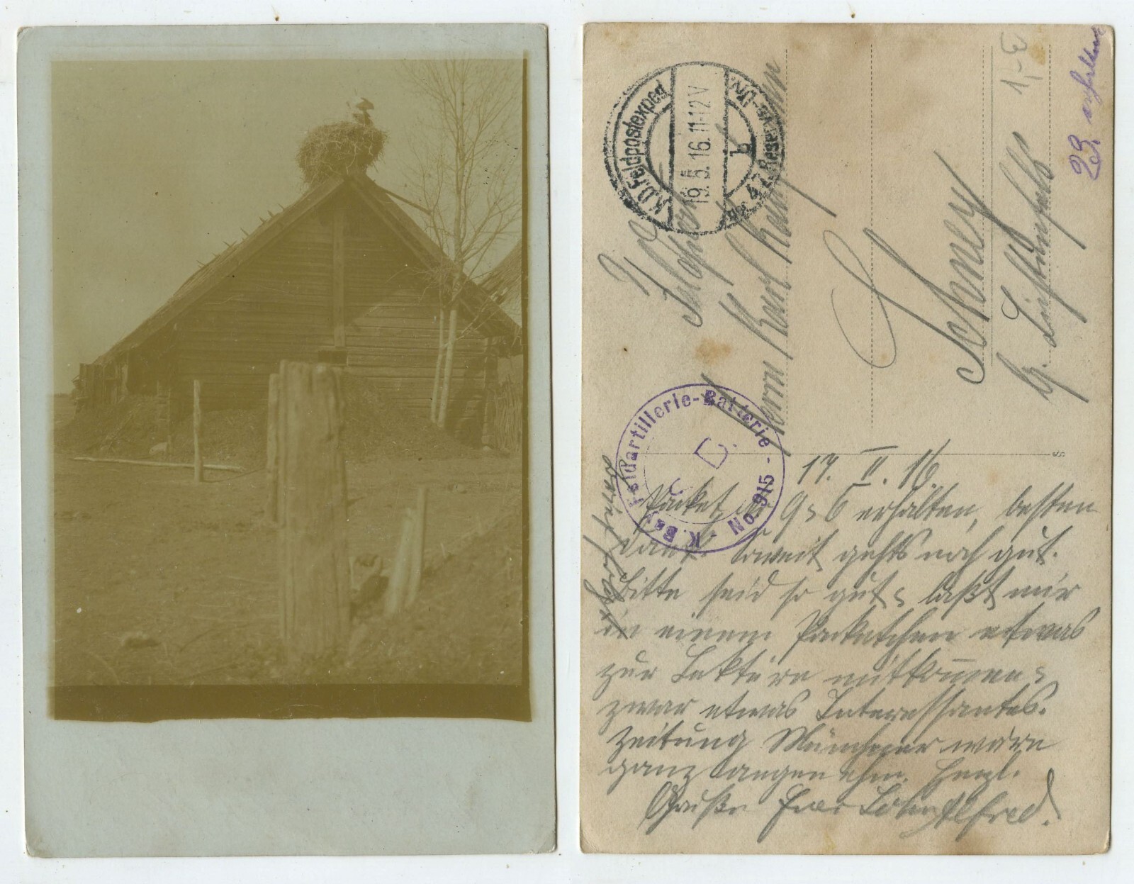 62608 – Stork’s Nest on Barn – Photo as Field Postcard, 19.5.1916