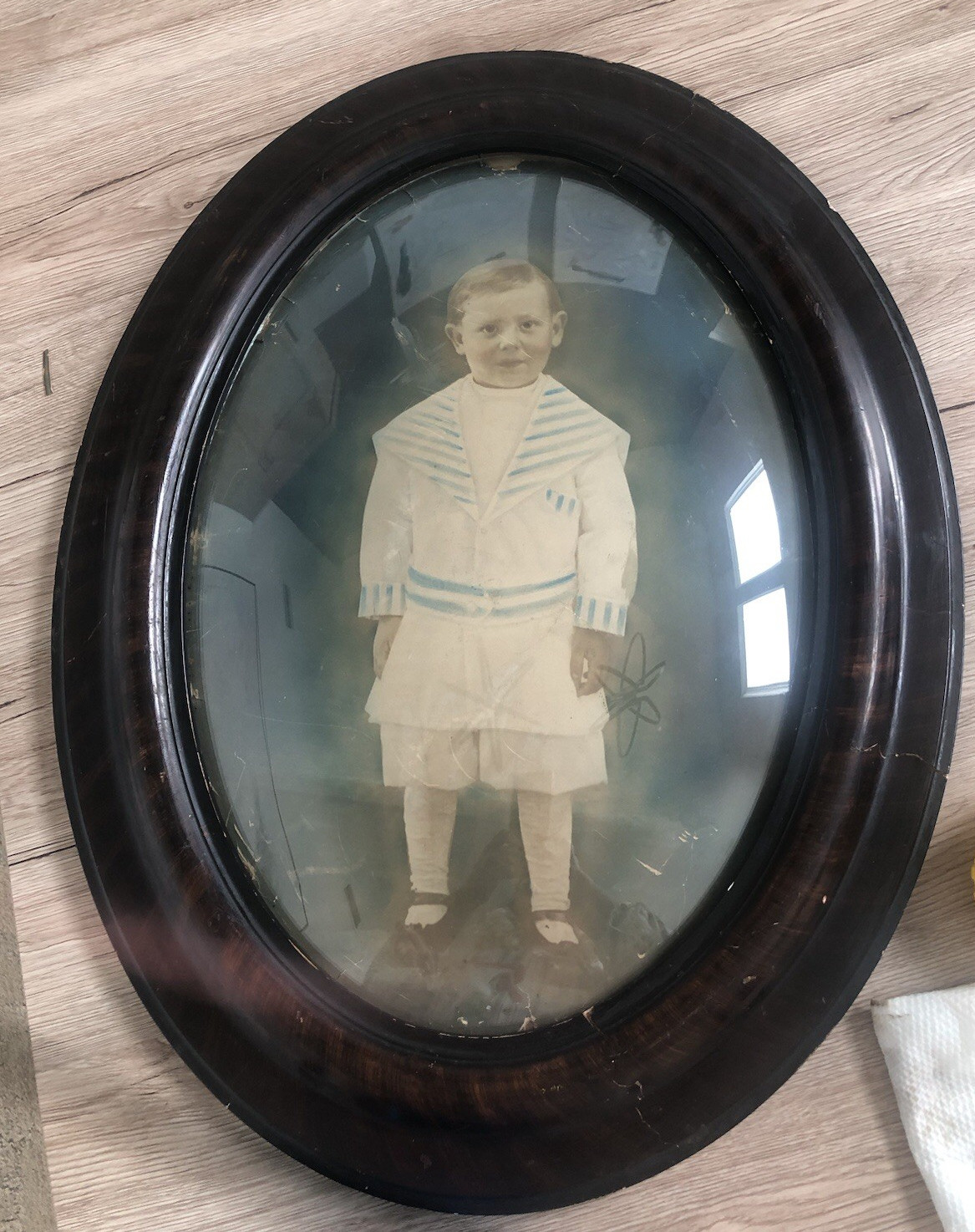 Large Antique Oval Bubble Glass Sepia Photo Child Portrait BOY IN SAILOR SUIT