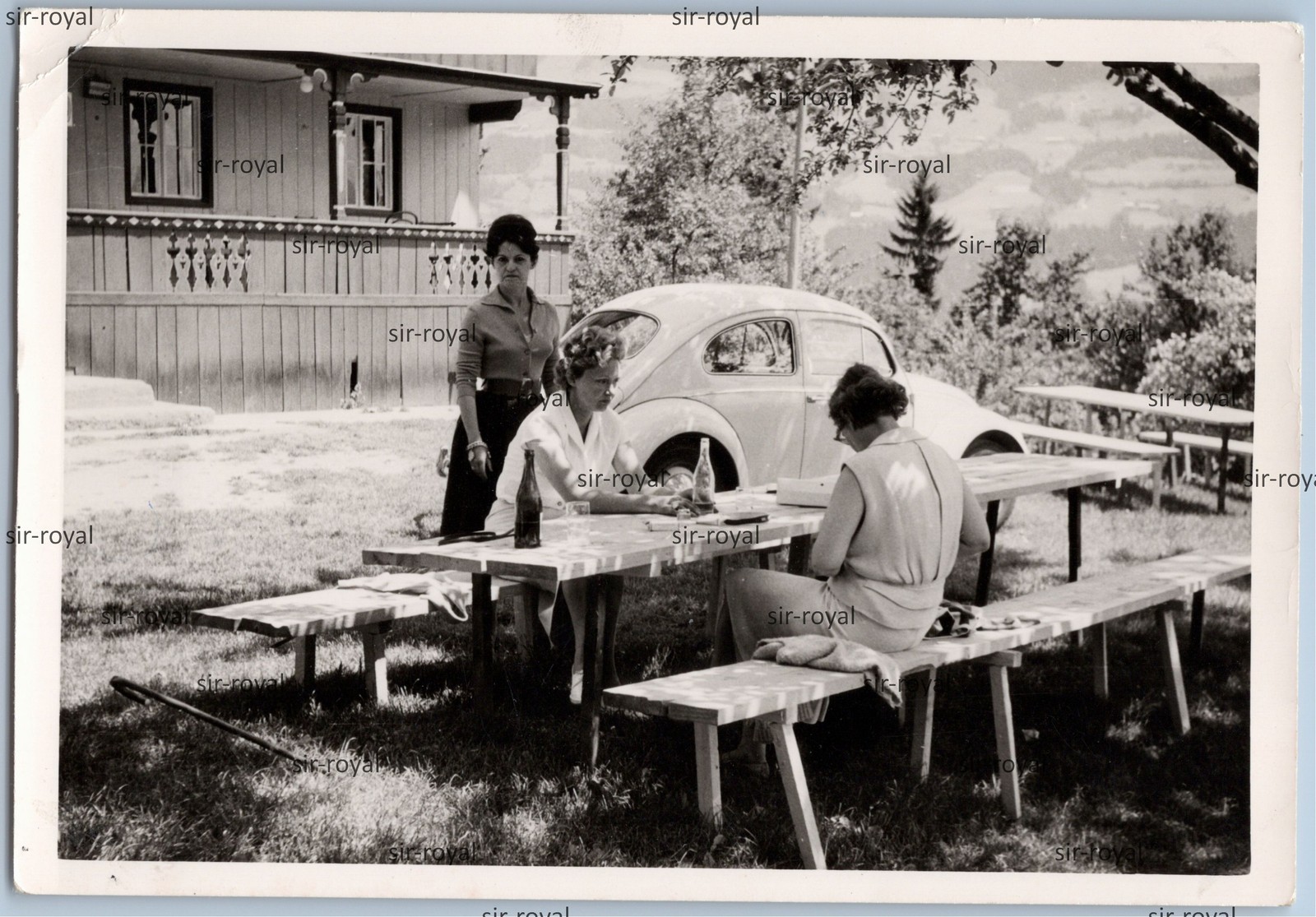 Women on Beer Bench in Front of VW Beetle Car Vehicle – 1960s Vintage – Photo 13x9cm