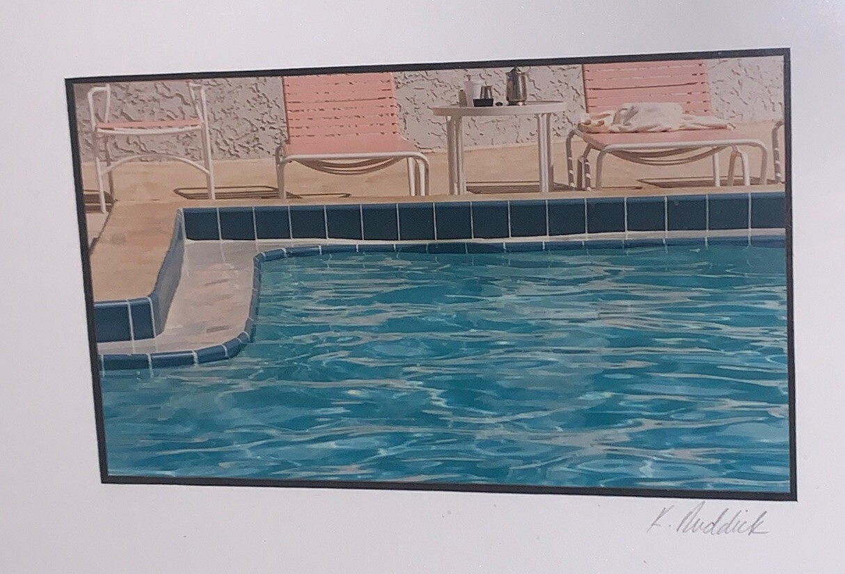 Signed Ruddick ‘Morning Coffee’ Blue Pool Photo Photograph(4”x6”) 9.25”T 11.25”W