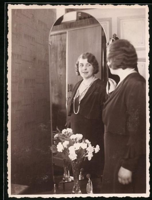 Photography Brunette Lady Looking At Herself In Mirror, Mirror Image, Reflection