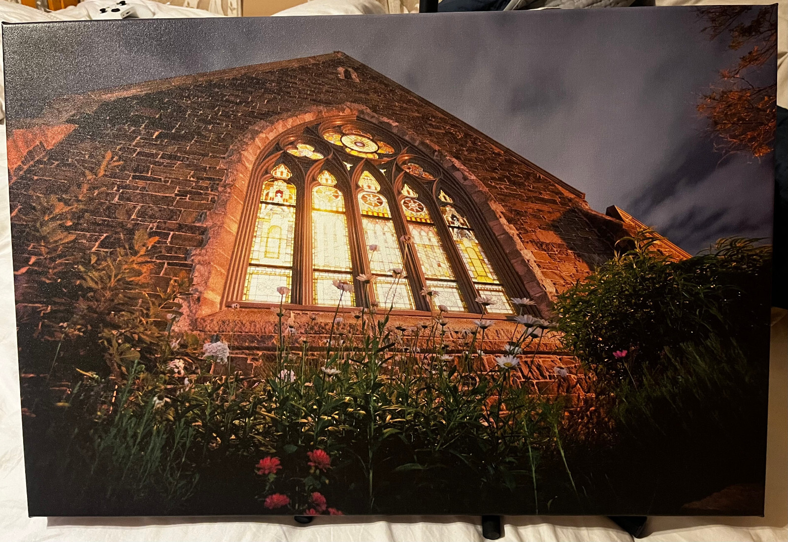 Original Church Stained Glass Window Photo on Canvas – Night Photography