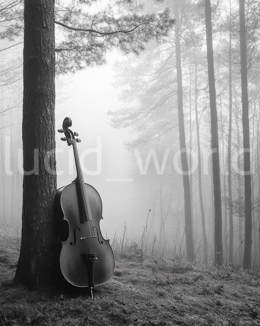 Black & White AI Art Cello in Forest -Digital Image Wallpaper Background Desktop
