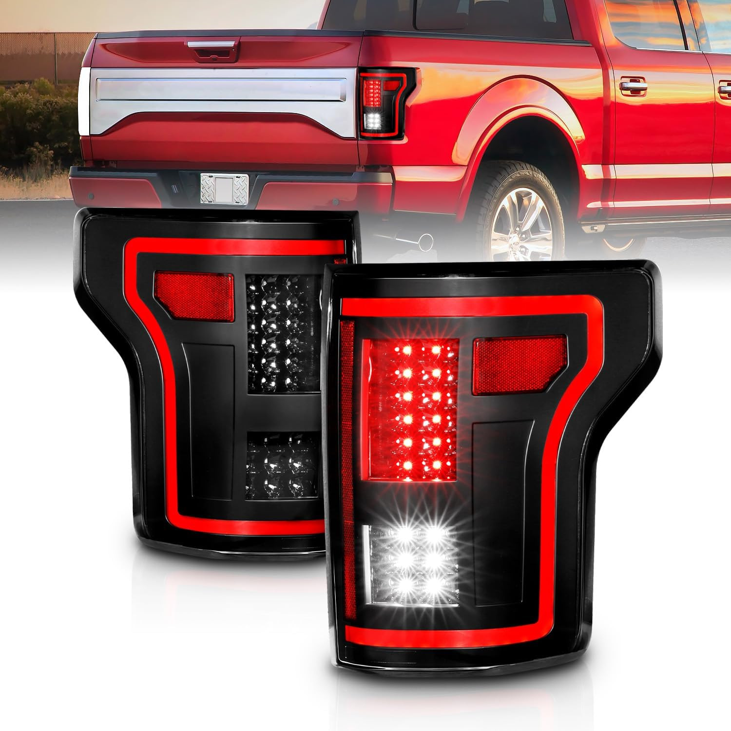 [Full LED Red Tube Smooth Lens Sequential Signal Black Taillights Pair for 2015-